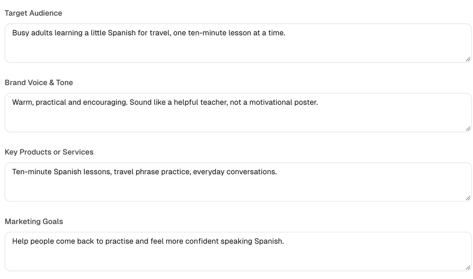 PushPilot business context editor with the Little Steps app description, audience and brand voice