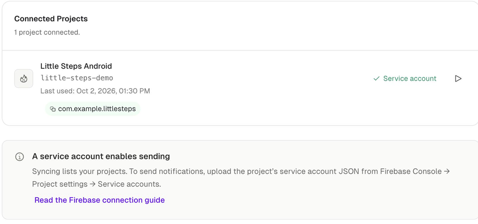 PushPilot Firebase projects screen with an example connected app