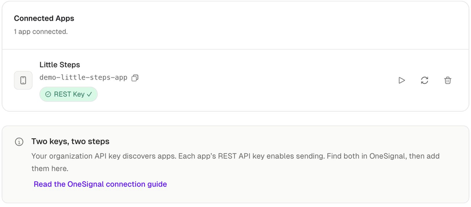 PushPilot OneSignal integrations screen with an example connected app and segments